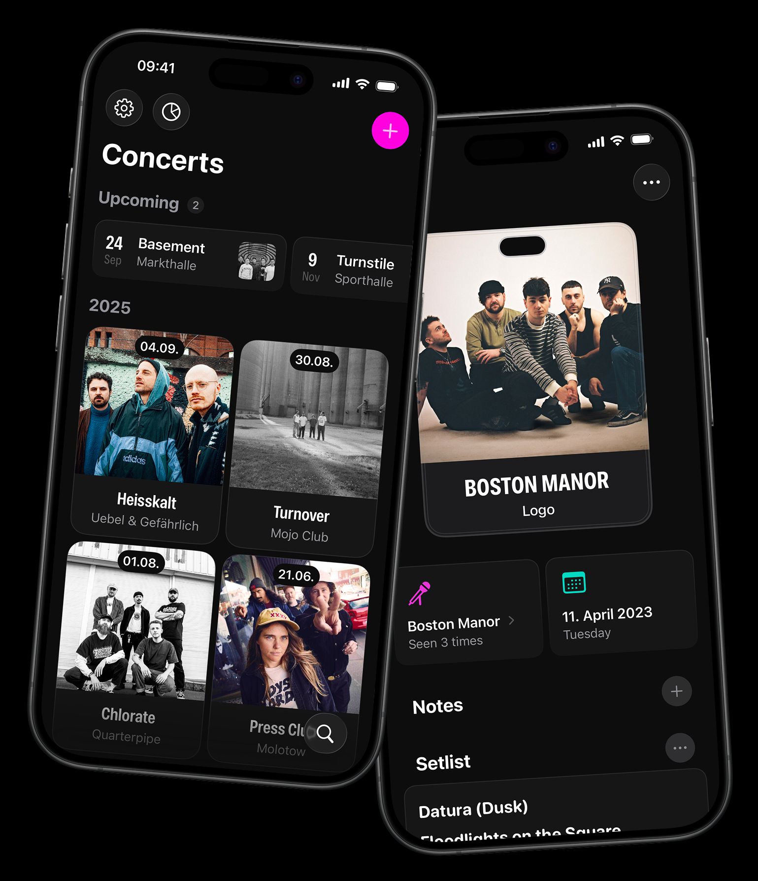 App screenshots showing a concert overview and a detail screen