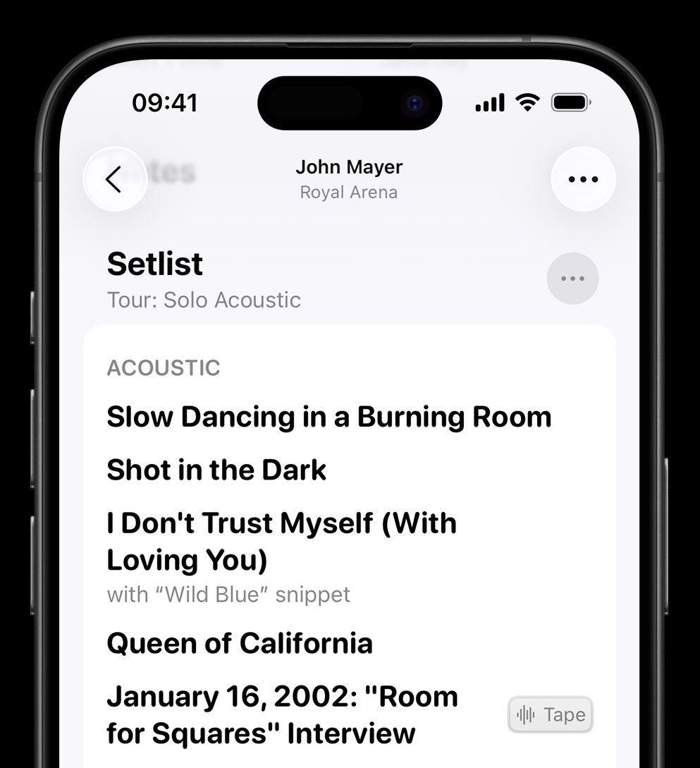 Screenshot of a setlist section of a concert