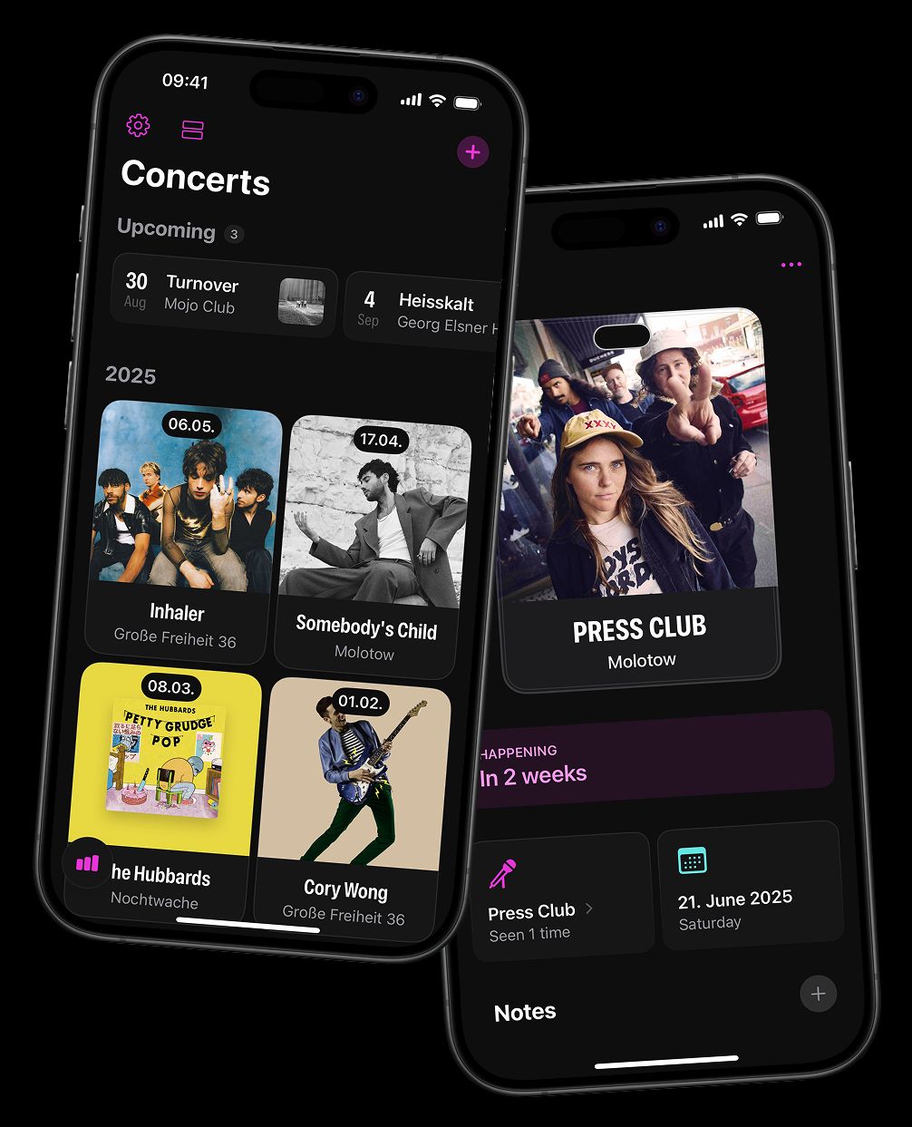 App screenshots showing a concert overview and a detail screen